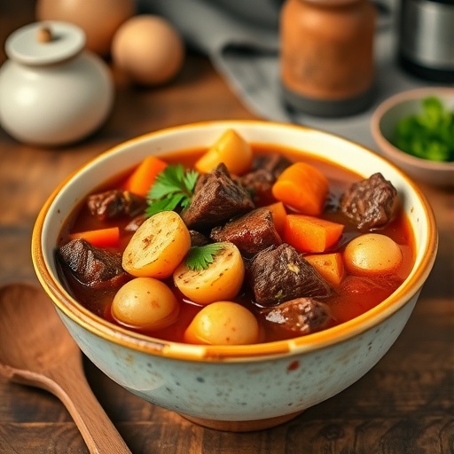 Classic Beef Stew Recipe A bowl of hearty beef stew with tender beef, carrots, and potatoes, garnished with parsley, on a rustic kitchen table.